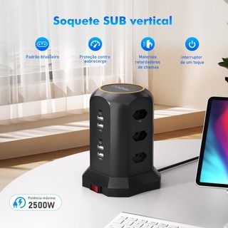 COIBEU Tomada de extensão de potência da torre 3 tomadas 4 tomadas USB 2 tomadas Tipo-C