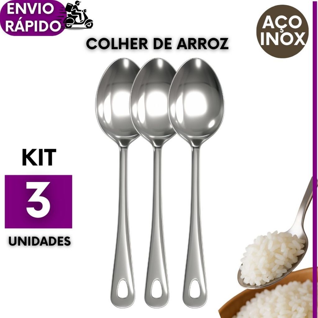 KIT 3 ou 2un Colher Para Servir Arroz 25,5cm Aço Inox Multiuso Universal em Oferta na Shopee