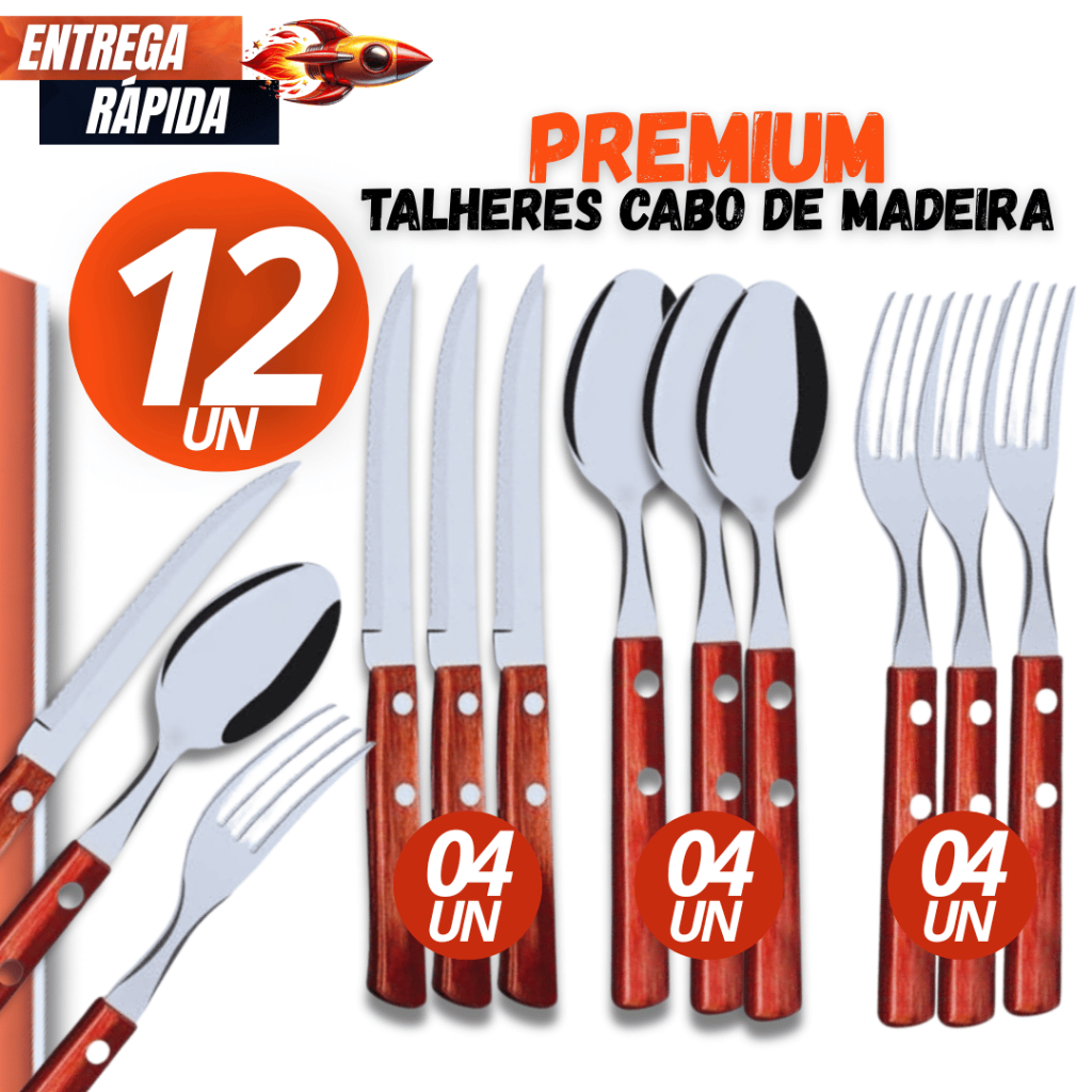 Kit 12 Talher - 04 Colher 04 Garfo 04 Faca de Inox com Cabo de Madeira Faqueiro Jogo Conjunto Linha Premium