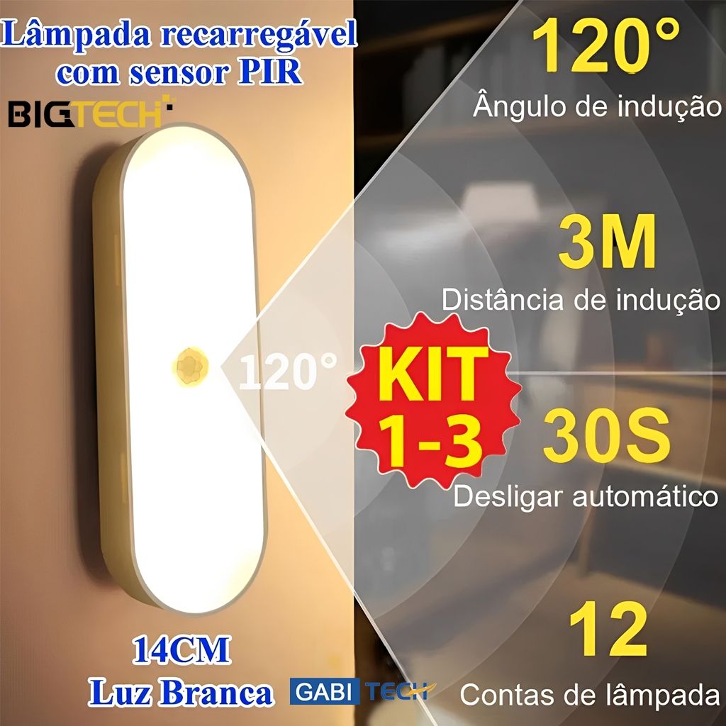 Luz Noturna Led Sensor De Movimento 14cm Usb Recarregável Lâmpada De Noite Dual Color Luz Branco
