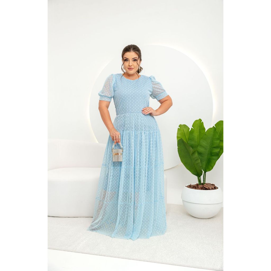 Vestido Tule Longo Azul Bebe Elegante e Confortavel Casual e Basico