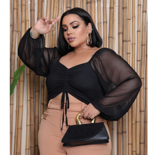 Blusa Tule Plus Size G1 48 50 Manga Bufante Com Bojo Forrada em Oferta na Shopee