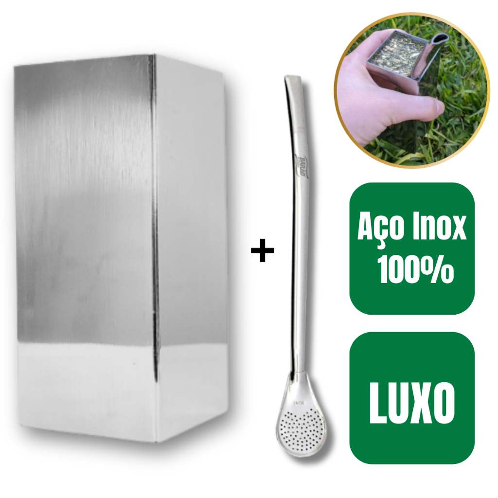 Kit Tereré Inox LUXO Copo Quadrado Inox 250ml + Bomba de Terere Cromada Exclusividade