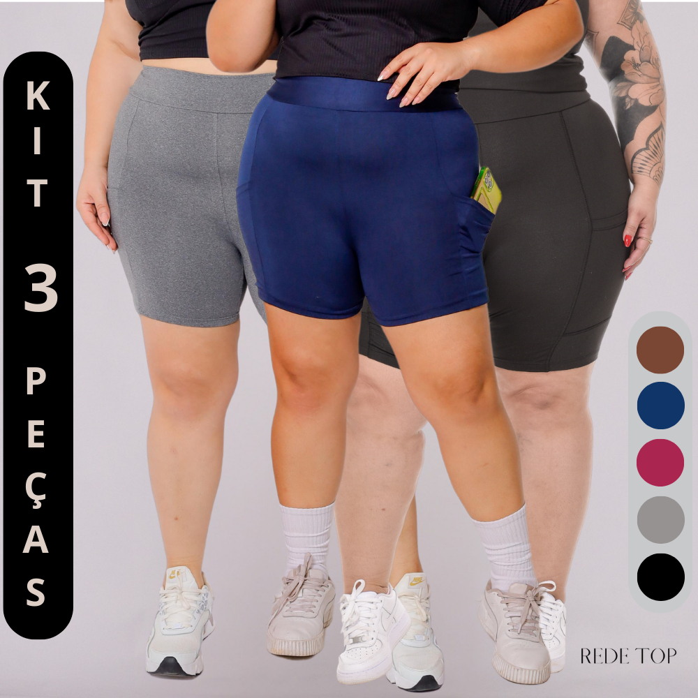 Kit 03 Shorts Plus Size Bermuda Academia Com Bolso Porta Celular Moda Plus Zero Transparencia