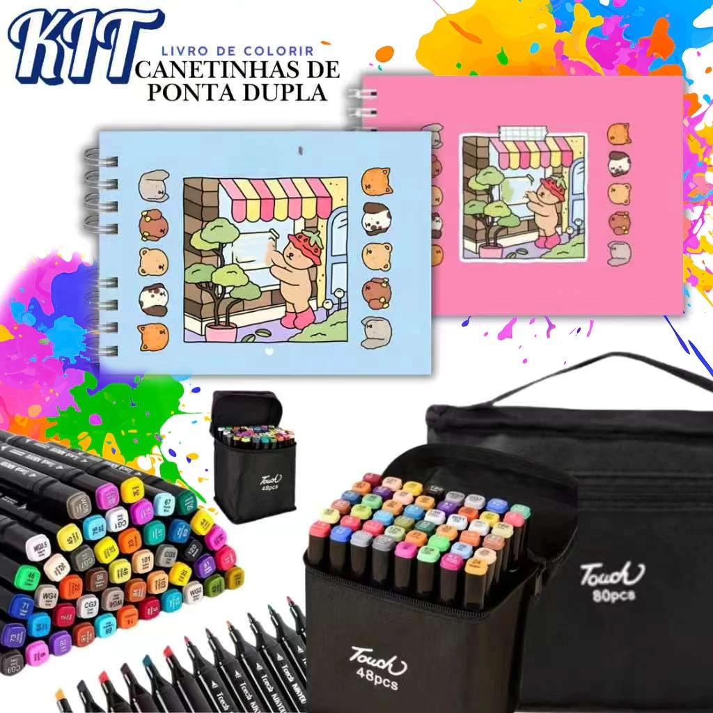 Kit Livro De Colorir Capa Dura 50 Páginas + Canetinhas Marca Texto 24/36/48/60/80/100/120 Pintura De Arte/Aquarela