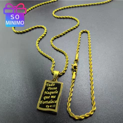Corrente Masculina e Feminina Aço Inoxidável 316L Prata/Dourado Colar com Pingente Placa Tudo Posso