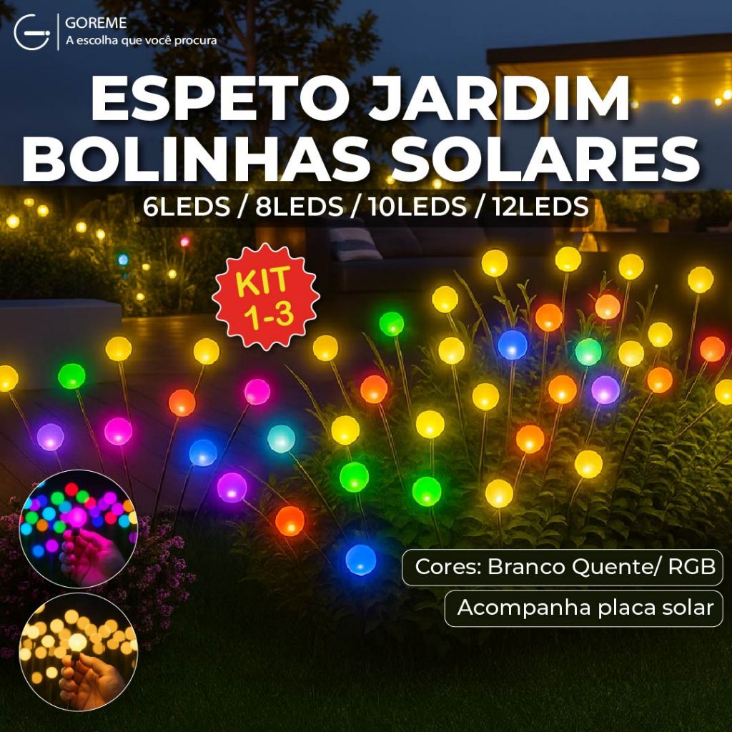 Espeto Jardim Solar Bolinhas Coloridas RGB e Branco Quente 6/8/10/12 LEDS para Ambientes Externos em Oferta na Shopee
