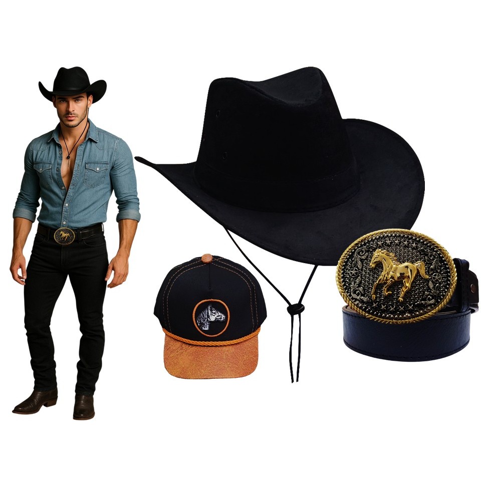 KIT CHAPÉU COUNTRY MASCULINO  RODEIO + BONÉ + CINTO FIVELA  SERTANEJO FESTA JUNINA em Oferta na Shopee
