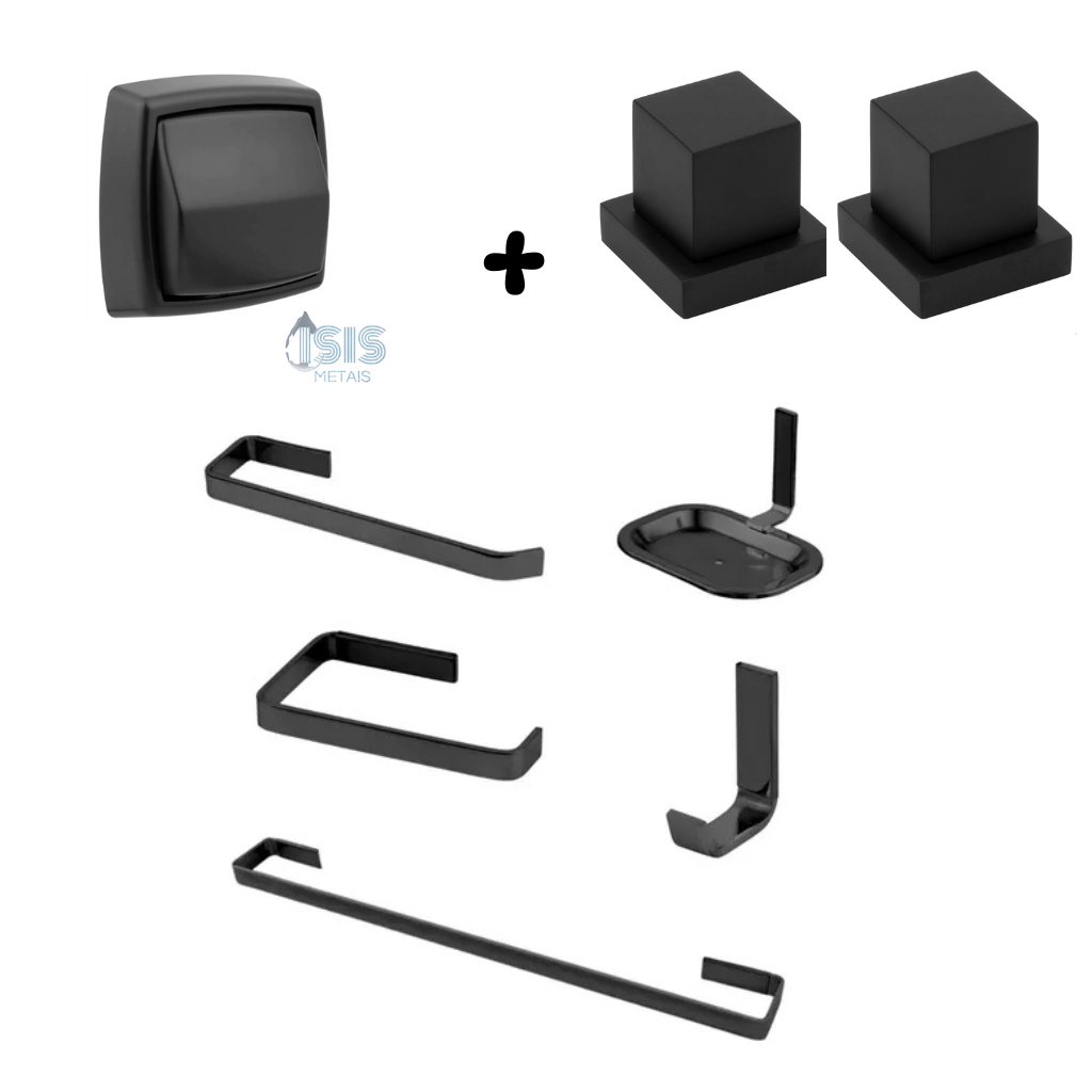 Kit Banheiro 8 Peças Preto – 2 Acabamentos Registro + 1 Kit Quadrado 5 Peças + Acabamento Descarga