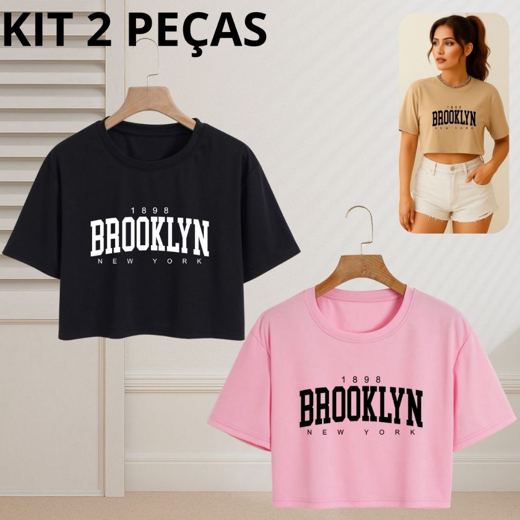 Kit 2 Blusinha Cropped Algodão Feminina Camiseta Confortável Brooklyn