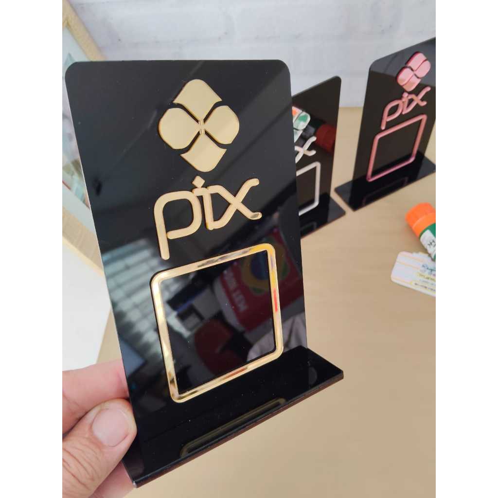 Placa Pix Para Pagamento Qr Code Em Acrílico Preto e Espelhado Display