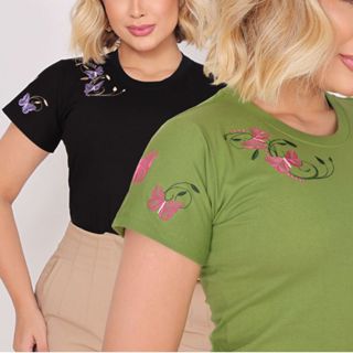 Kit 2 T`Shirt Feminina de Algodão Bordada Casual Camiseta Estilosa Gola Redonda em Oferta na Shopee