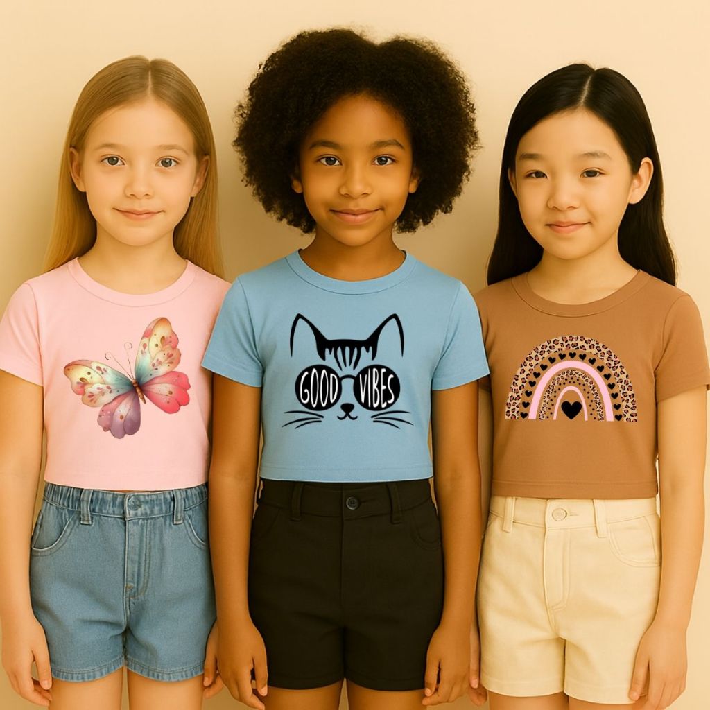 Conjunto Cropped Infantil Feminino Estampas Fashion 3 Blusas Estilosas Algodão Qualidade