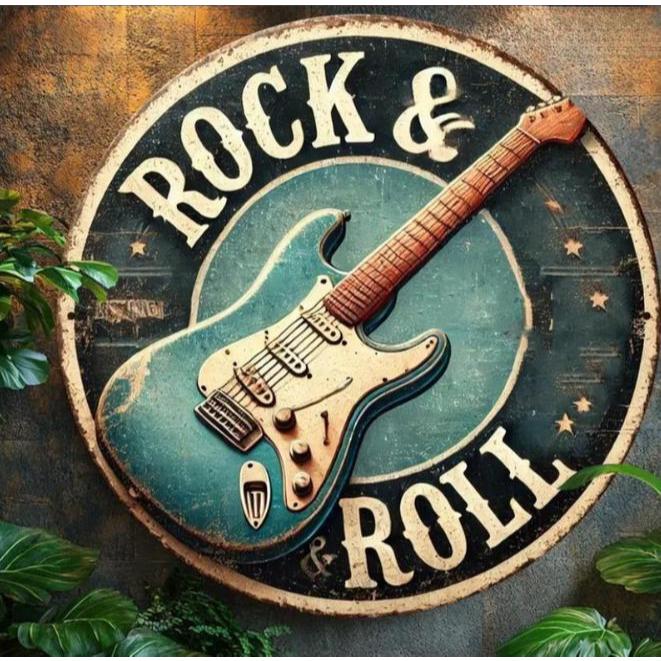 Quadro Placa Decorativa redonda 20x20 Rock&Roll ideal para area gourmet, sala, hall, cantinho do churrasco e musica