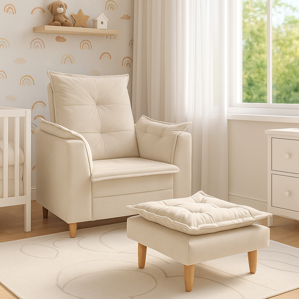 Poltrona Cadeira Amamentação + Puff Suede Bege, Off White Várias Cores Envio Rápido Reforçado