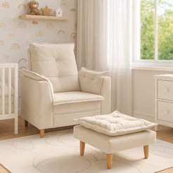 Poltrona Cadeira Amamentação Opala + Puff Suede Bege Off White Envio Rápido Reforçado Recepção