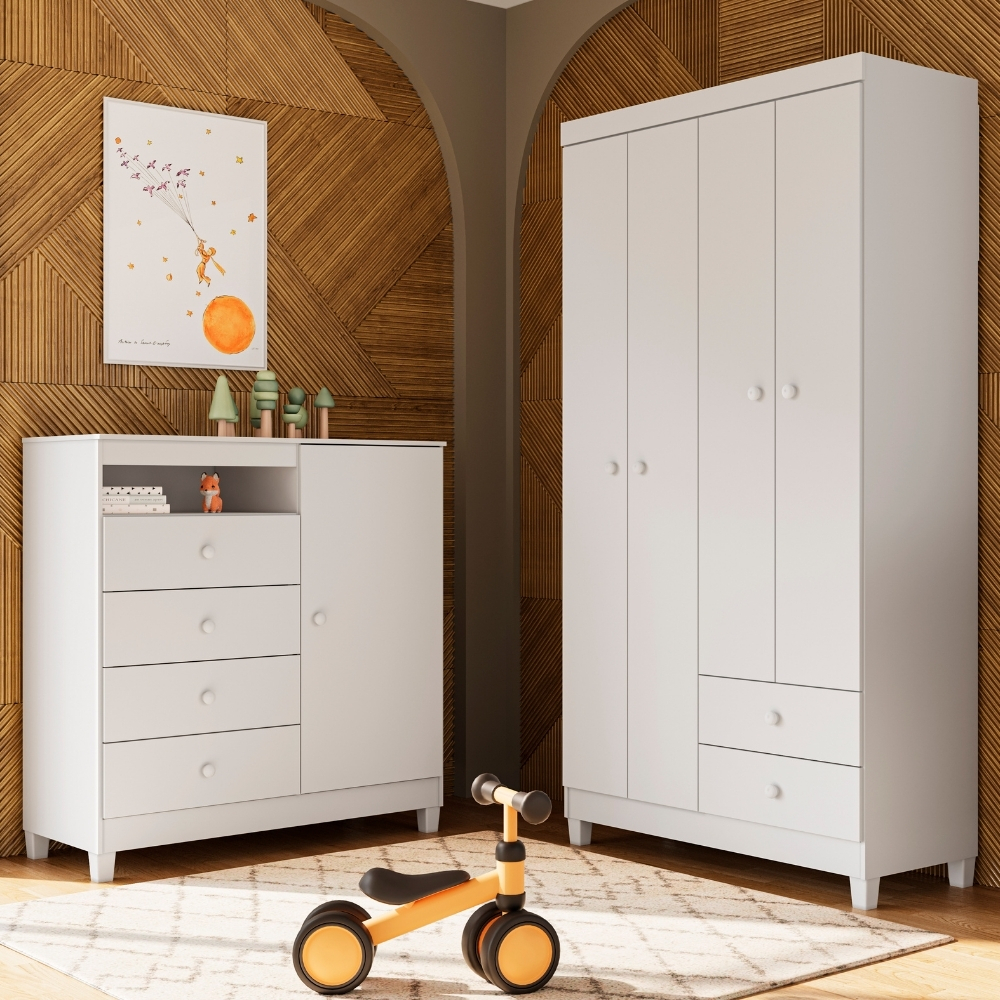 Guarda Roupa Infantil 4 Portas 2 Gavetas Com Cômoda 1 Porta 4 Gavetas Aquarela Branco Azul...