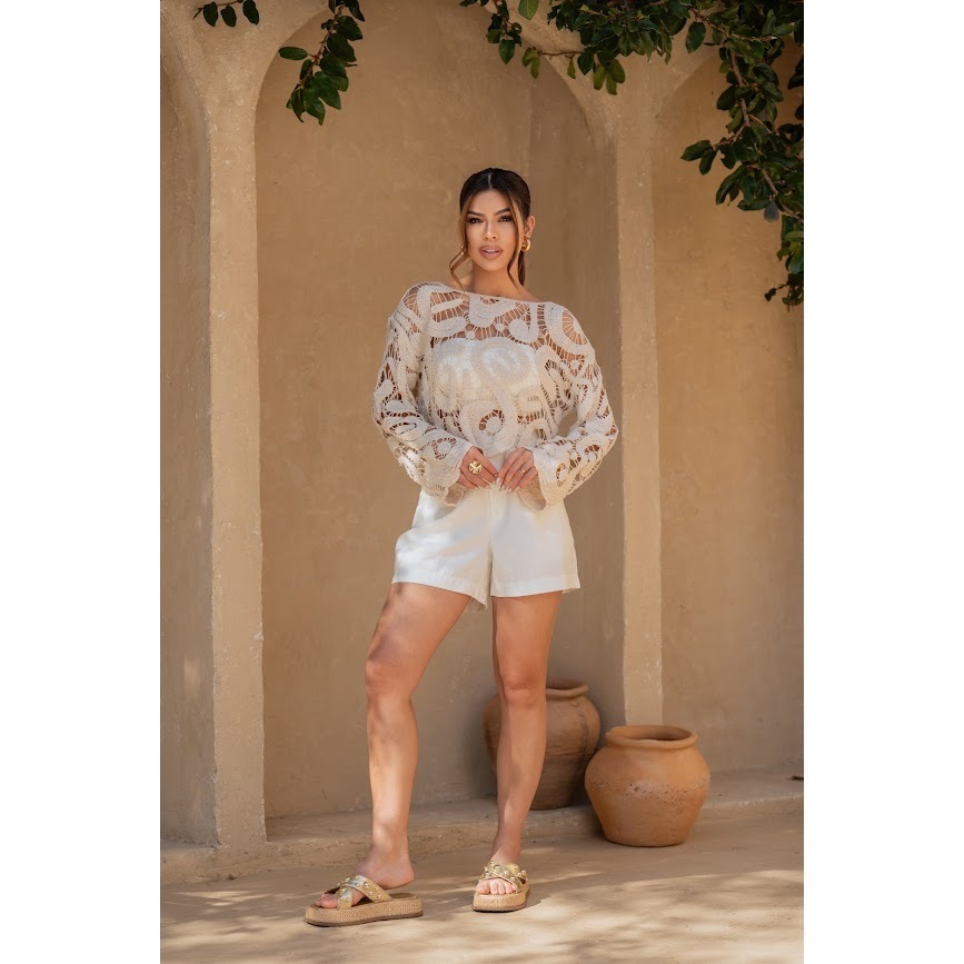 Blusa Croche Manga Longa Feminina Manga Boca de Sino com Renda Tricot Moda Elegante