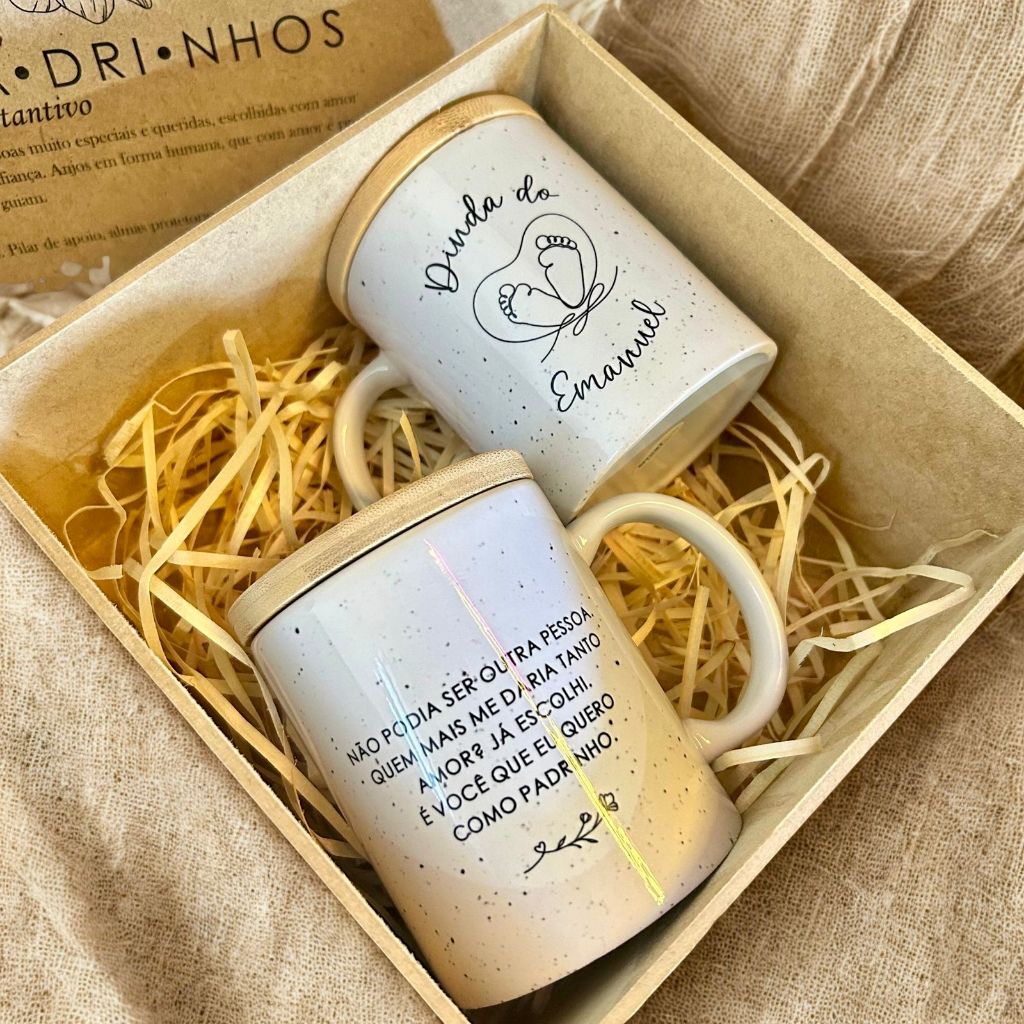 Kit Padrinhos Batizado Personalizado Com Canecas Luxo Com Tampa de Bambu Ou Sem Tampa