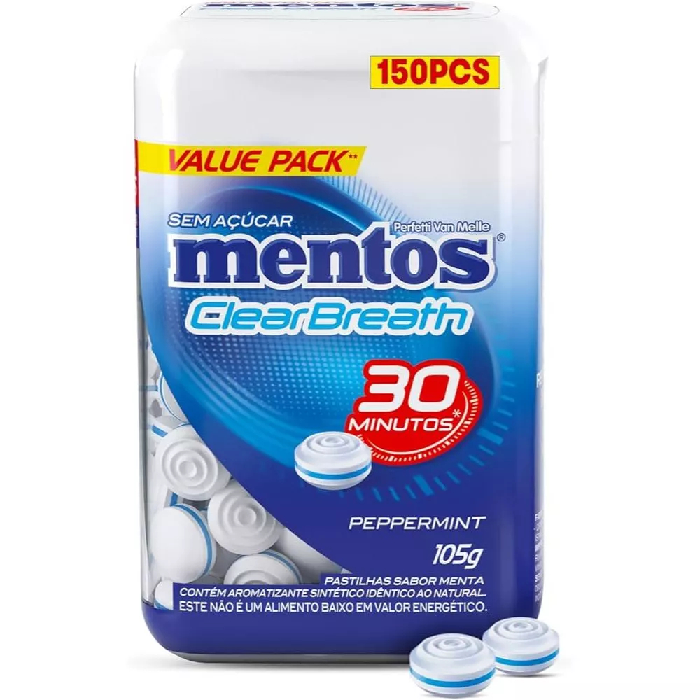 Pastilhas Mentos Clear Breath 30 Minutos Peppermint Sem Açúcar Pote de 105g em Oferta na Shopee