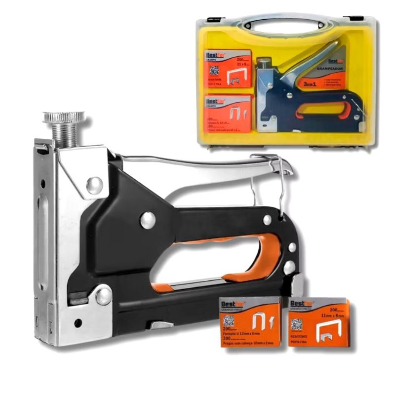 Grampeador Tapeceiro Alta PressÃo Pra Madeira Estofado Manual Maleta Profissional Kit 3 em 1Bestfer 15522 em Oferta na Shopee
