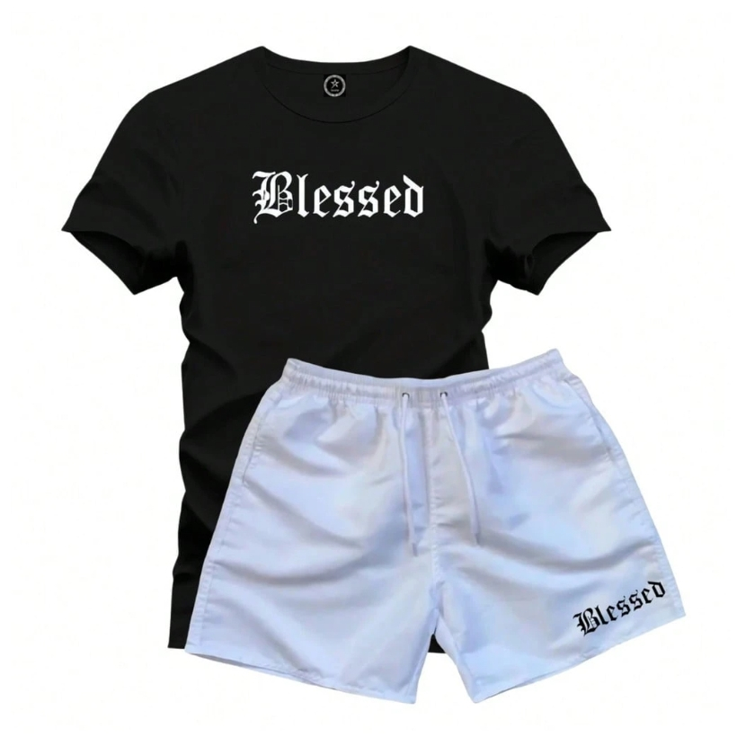 Kit Short Tectel+Camiseta Masculino Casual Algodão Premium Confortavél Blessed