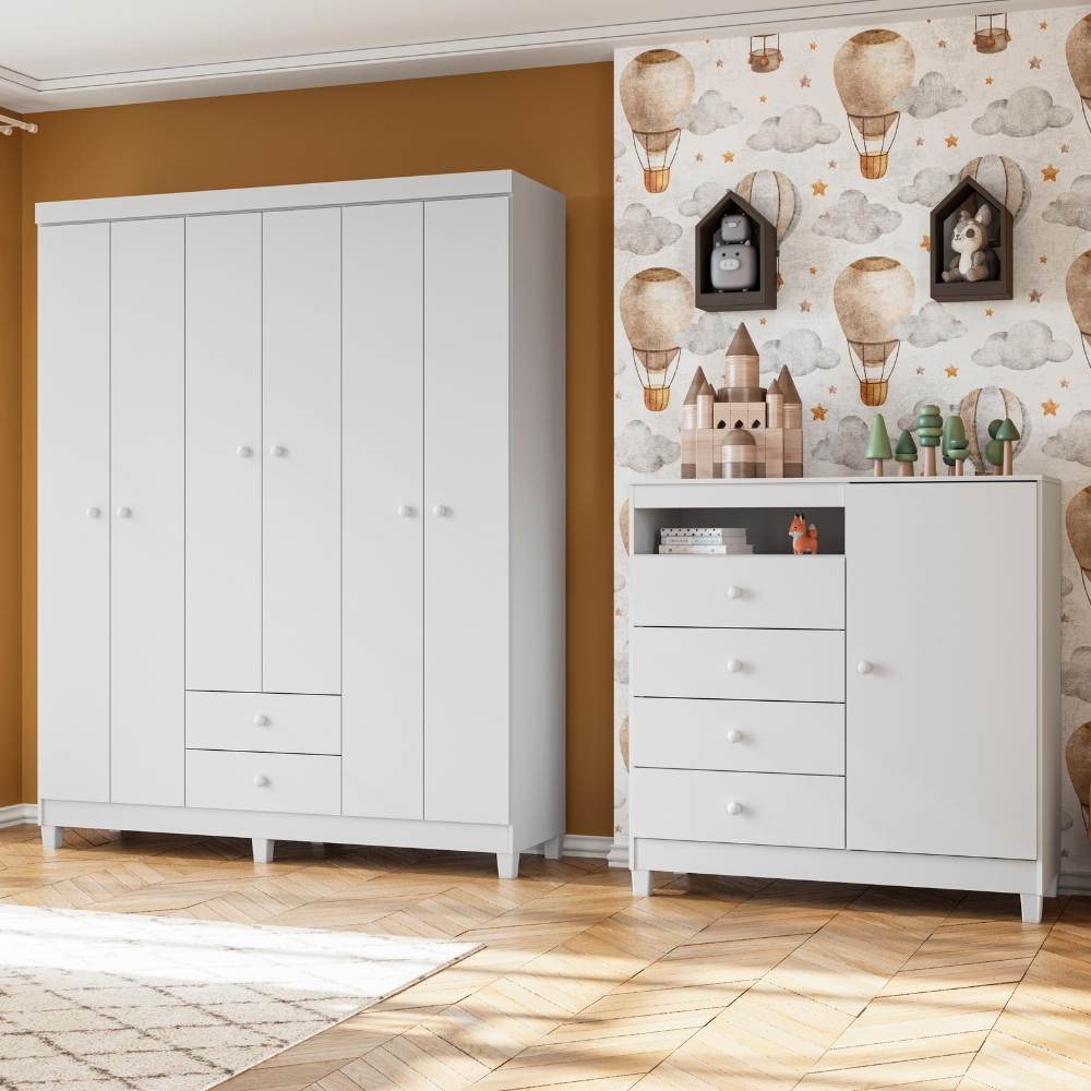 Guarda Roupa 6 Portas para Quarto Infantil com Comoda Sapateira 1 Porta 4 Gavetas Baby Branco/ Branco Azul / Branco Ros