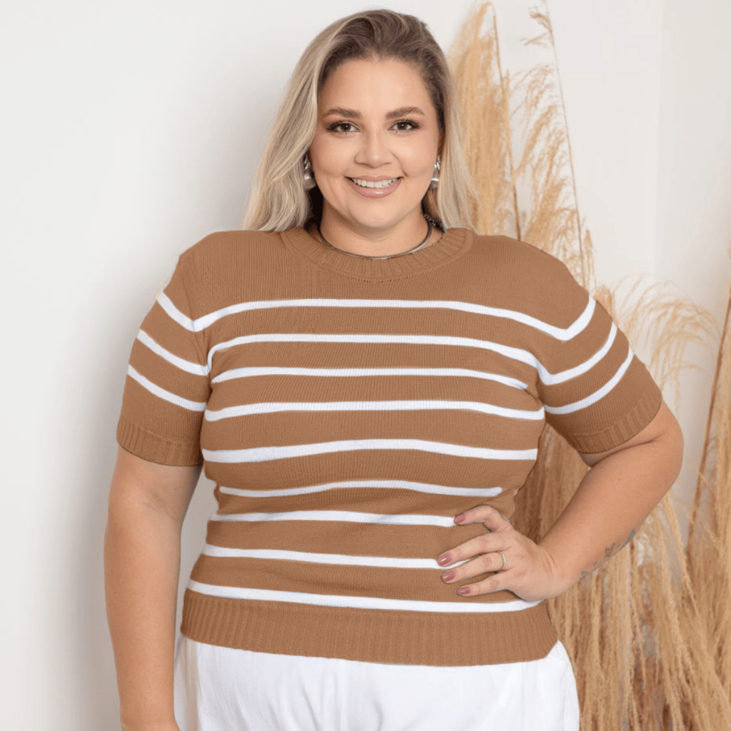 Blusa Plus Size  Feminina Manga Curta Canelada Listrada Básica Casual Elegante Listras Gola Redonda