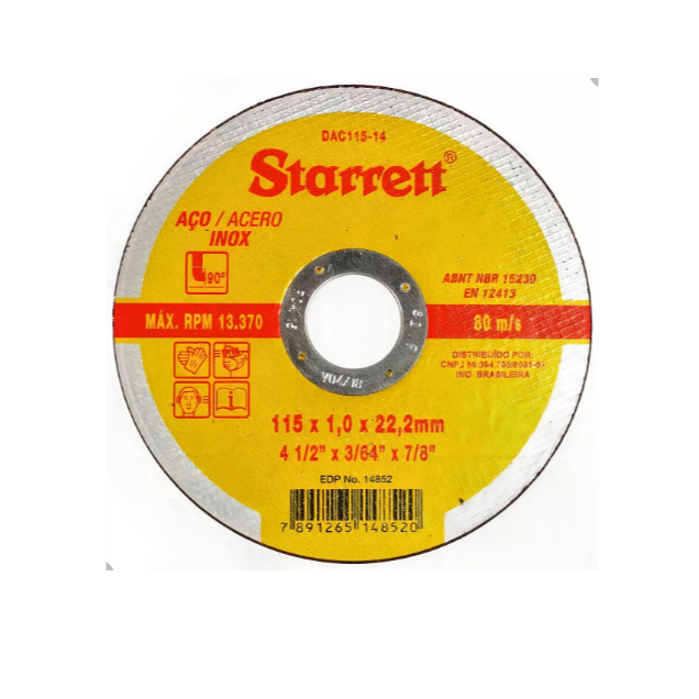 Disco de Corte Abrasivo Starrett 4.1/2" x 3/64" x 7/8" – Corte Fino e Preciso em Metais