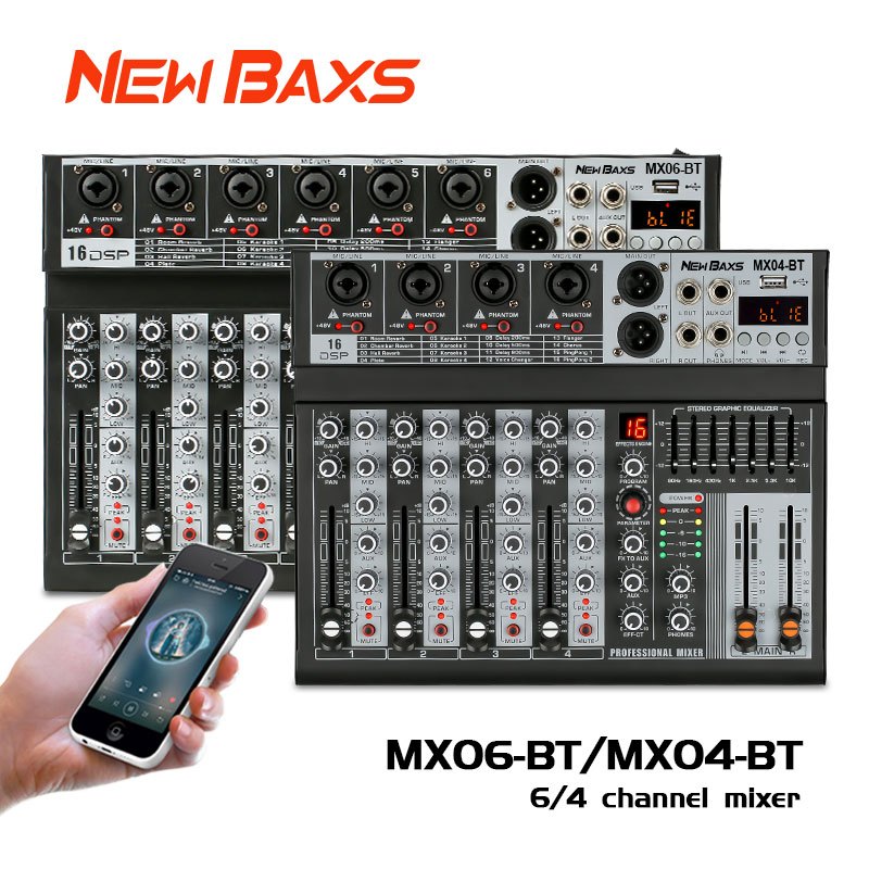Mesa de Som NEW BAXS MX04BT (4 Canais) ou MX06BT (6 Canais) | 99 Efeitos DSP | Bluetooth | Perfeita para Karaokê e Event em Oferta na Shopee