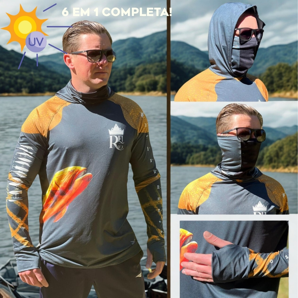 Camiseta Pesca Camuflada UV50+ Completa com Luva, Touca e Tubeneck – Estampa Peixe Dourado