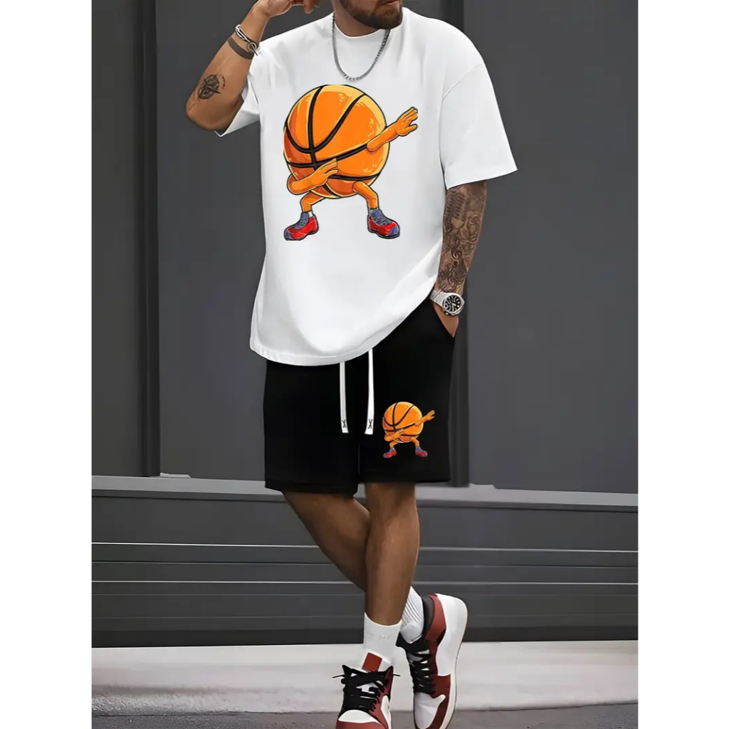 kit short moletom+camiseta masculino algodão100% look esportivo e versátil bola basquete