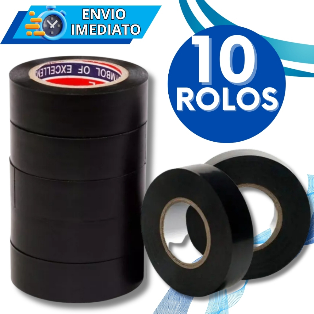 KIT Jogo 10 Fitas Isolante Antichama em PVC Preta Para Eletricista Fios Cabos Elétricos Uso Geral Domestico e Industrial