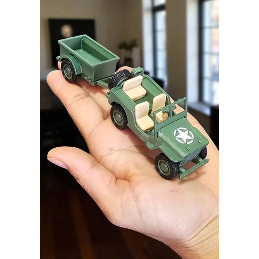 Miniatura Jeep Militar 3D Com Carretinha Jeep - Kit Card / Kit Cartão Brinquedo Presente. DESMONTADO
