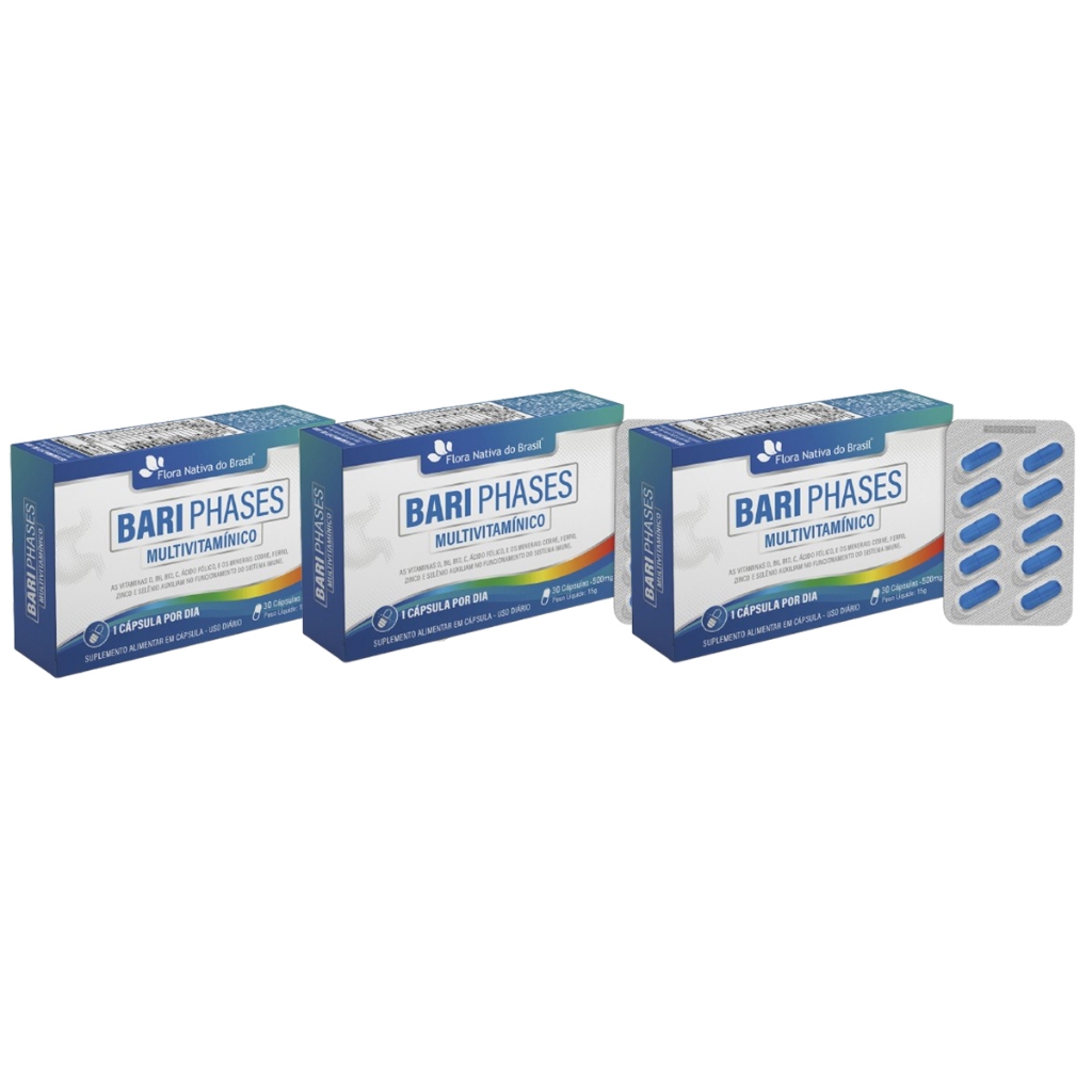 Kit 3x Multivitamínico Bari Phases Com Vitamina D B6 B12 Ácido Fólico Cobre Ferro Zinco 30 Caps 500mg