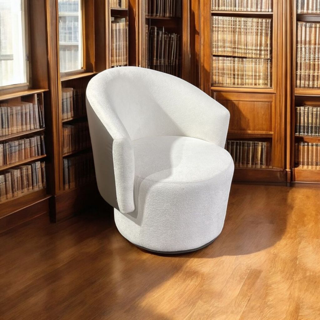 Poltrona Orgânica Mel Moderna Sala de Estar Decorativa Boucle off white com corino marrom