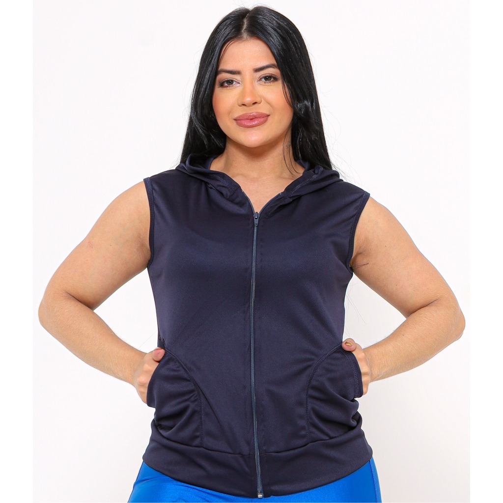 Jaqueta Colete Dry Fit Azul Marinho Com Capuz Academia Caminhada em Oferta na Shopee