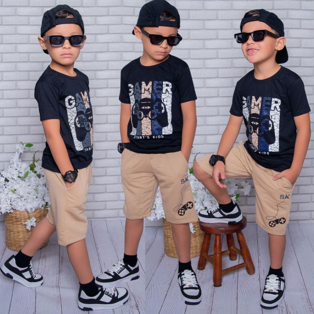 Conjunto Infantil Masculino Estiloso Lançamento Verão Camisa Bermuda Roupa menino 2 ao 14 anos
