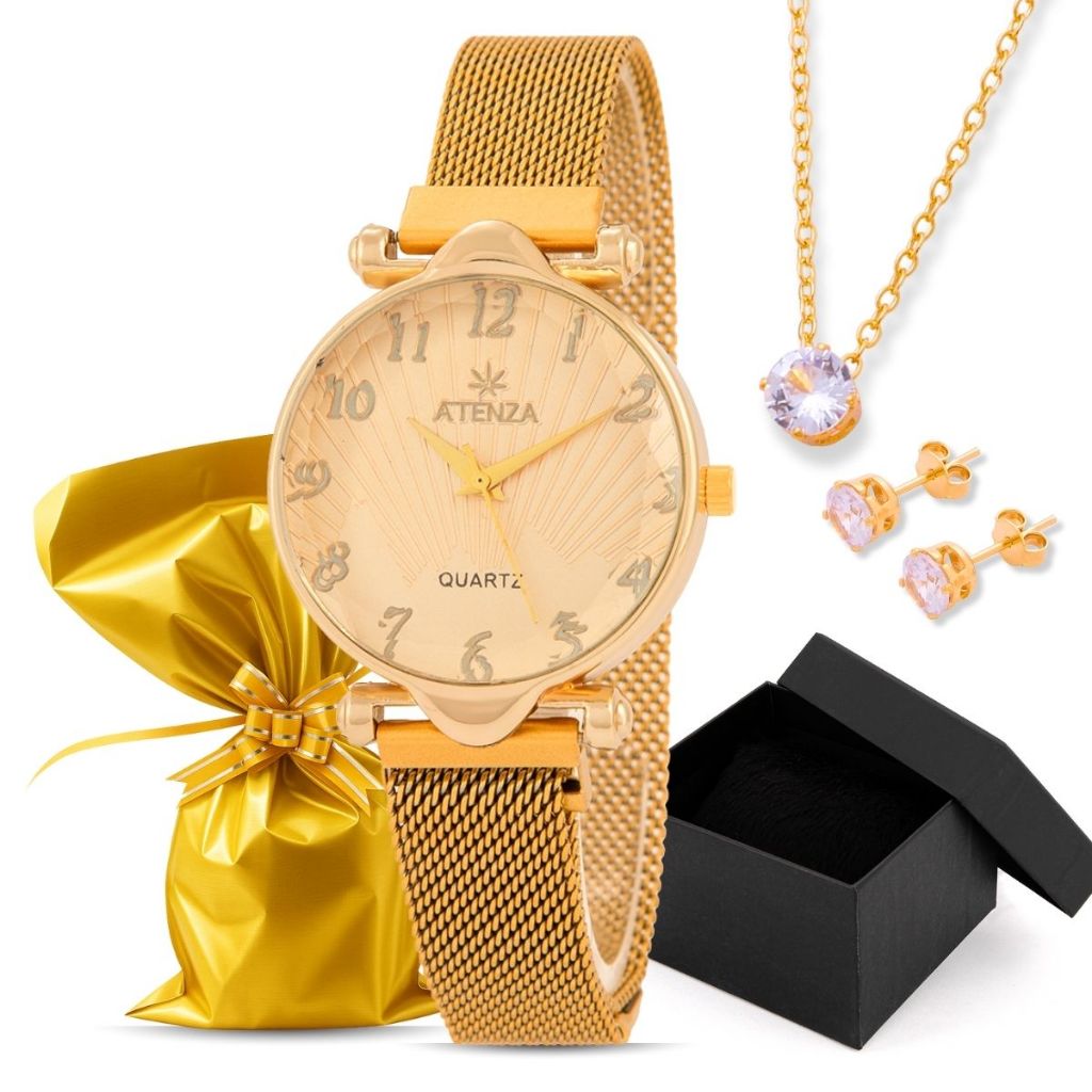 Kit Relógio De Pulso Feminino Dourado Com Colar Brinco Caixinha Presente
