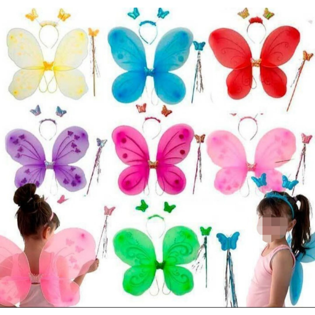 Kit 3 Peças Fantasia Fada Borboleta Infantil Glitter Asa, Tiara e Varinha com Fitinha Festa Escola