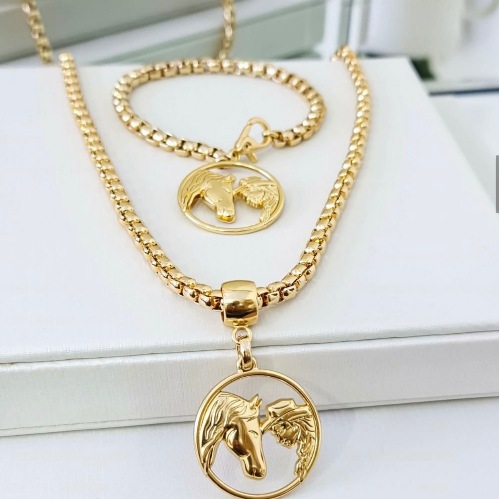 KIT Colar Choker +Pulseira Elo Portugues Cavalo Mulher Peoa Folheado Ouro Banhado 18k em Oferta na Shopee
