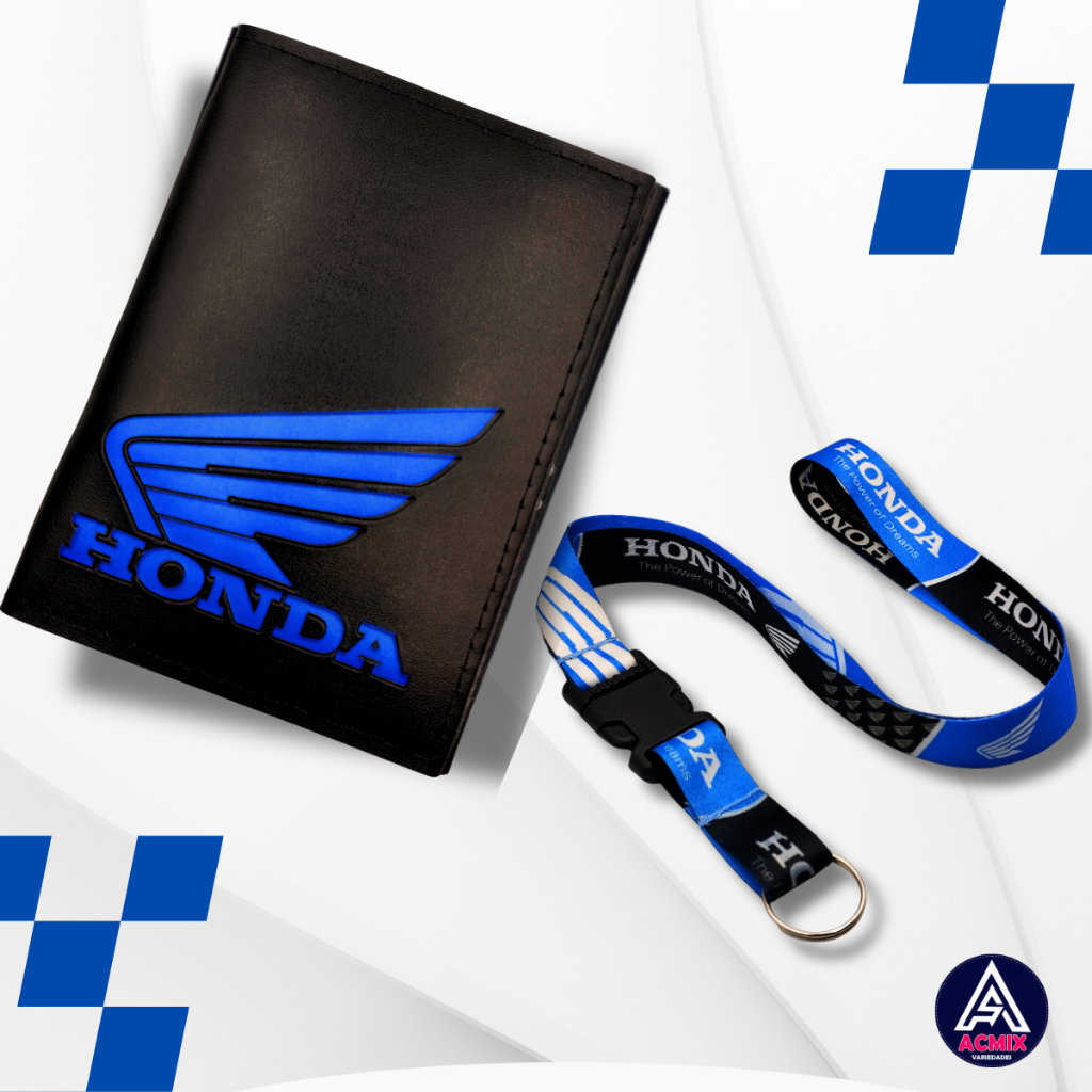 Kit Carteira Porta Documentos Moto Honda Logo Azul + Cordão Pescoço Engate Rápido Honda Azul e Preto em Oferta na Shopee
