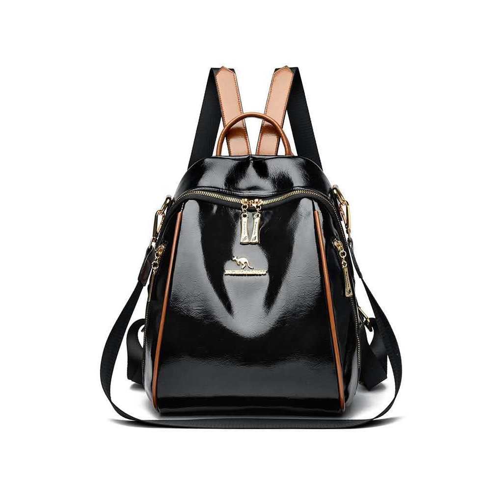Mochila Feminina Elegante Preto Verniz Couro C/Alça Antifurto Espaçosa E Moderna