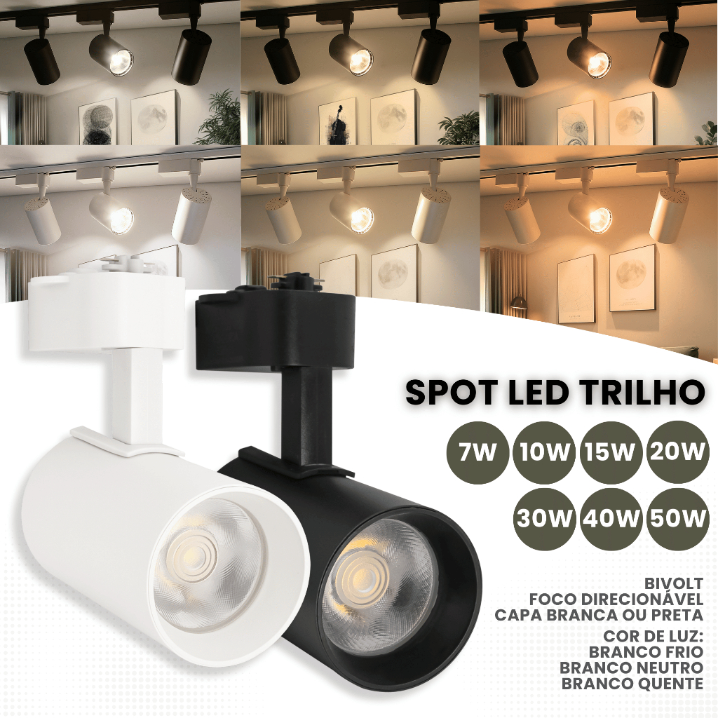 Spots Para Trilho Led Luz Branco Quente, Neutro ou Frio  Branco ou Preto Bivolt em Oferta na Shopee