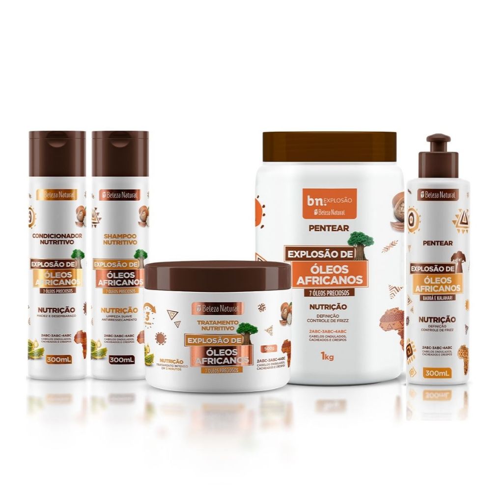 Kit Cachos Óleos Africanos – Shampoo, Condicionador, Pentear , Ativador, Máscara – Beleza Natural