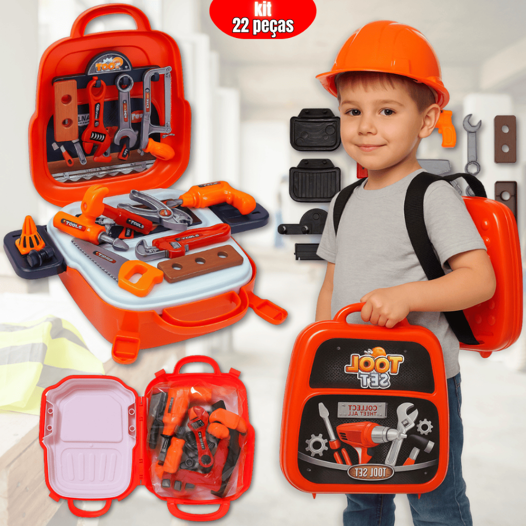 Kit de Ferramentas Infantil 22 Peças 3 em 1 Maleta Educativa Tools Brinquedo MeninoAprenderBrincando