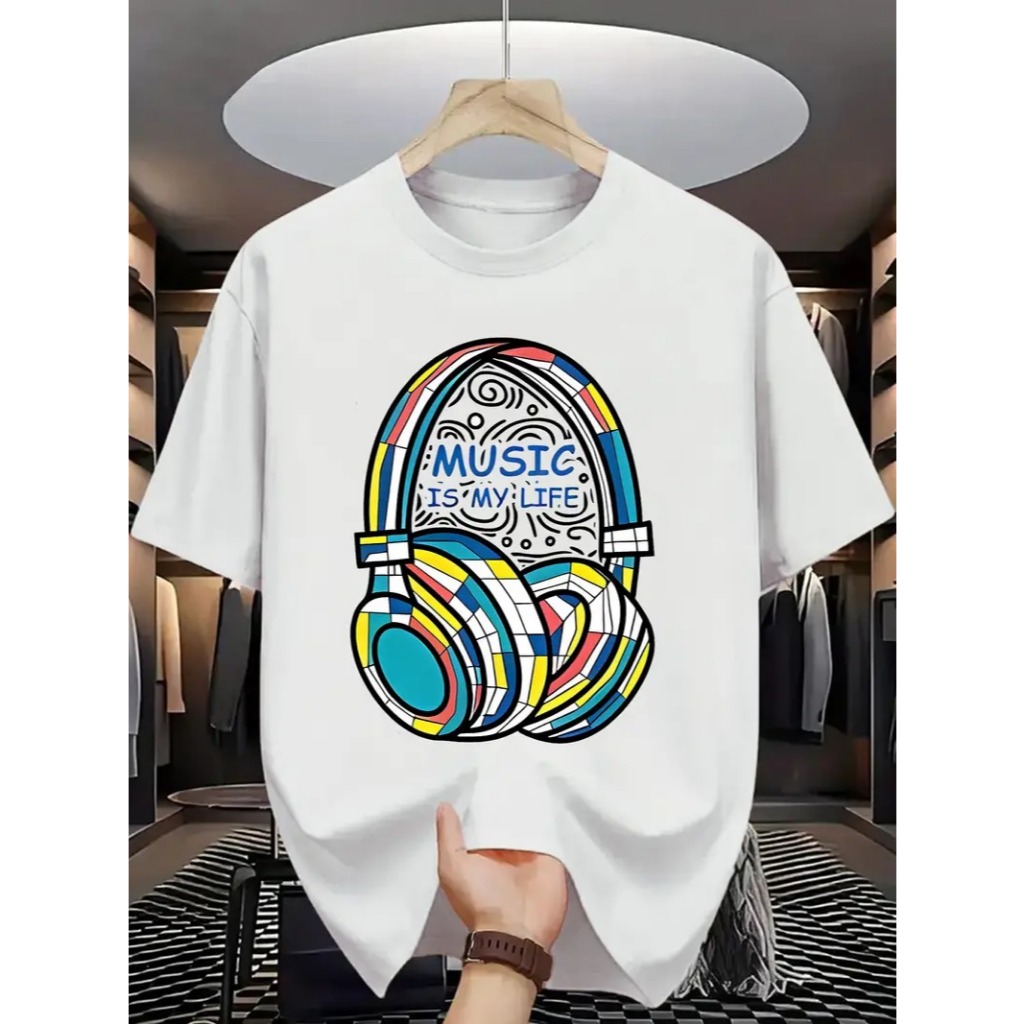 Camiseta Casual Algodão Premium Music Is My Life Plus Size Infantil Streetwear Fone De Ouvido DJ