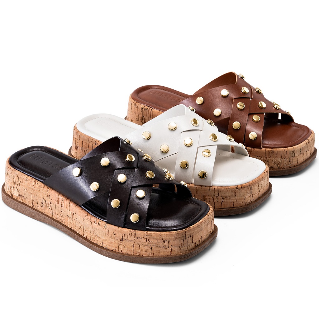 Sandália Feminina Lumiss Flatform Tachas Rebite Dourado Cortiça Confortável em Oferta na Shopee