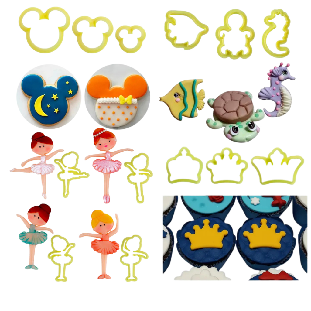 Kit cortador de biscuit / biscoito / moldes bailarina, dinossauro, coroa, ursinho, animais, mickey, nuvem