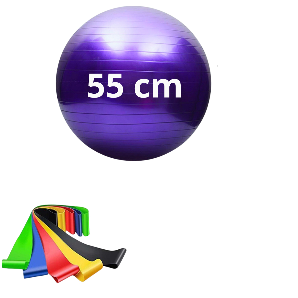 Kit 5 Faixas Elásticas Miniband + Bola Pilates 55cm Treino Yoga Funcional em casa Fisio Força Perna